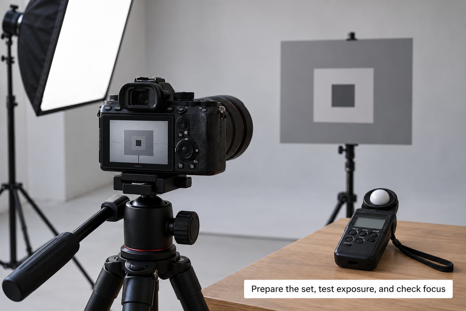 Prepare the set, test exposure, and check focus